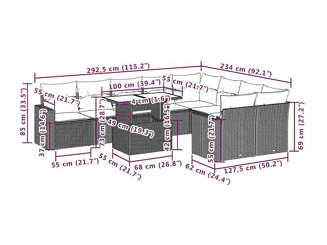 Salon de jardin avec coussins 10 pièces beige résine tressée