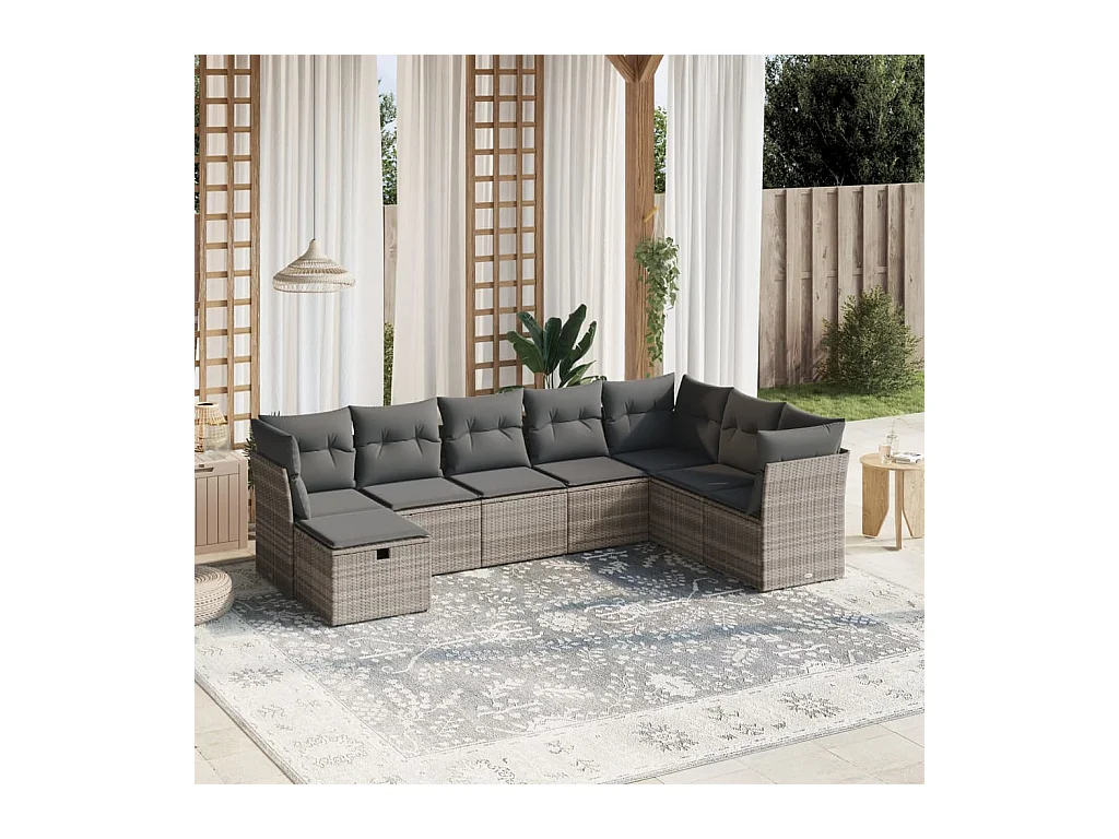 Set de sofás de jardín 8 piezas y cojines ratán sintético gris