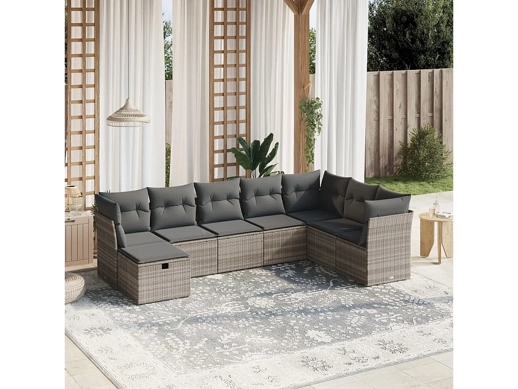 Salon de jardin 8 pièces avec coussins gris clair résine tressée
