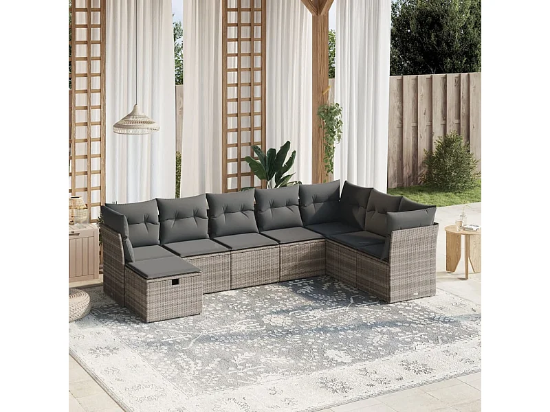 Salon de jardin 8 pièces avec coussins gris clair résine tressée