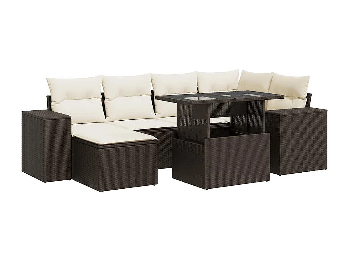 7-delige Loungeset met kussens poly rattan bruin