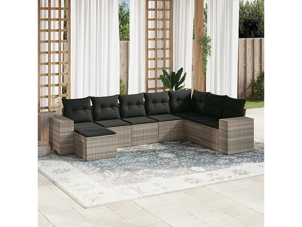 Set de sofás de jardín 8 piezas y cojines ratán sintético gris