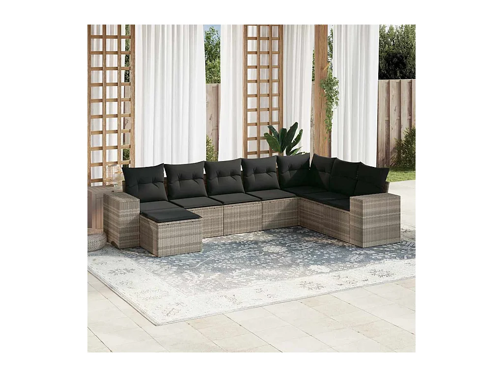 Salon de jardin 8 pièces avec coussins gris clair résine tressée