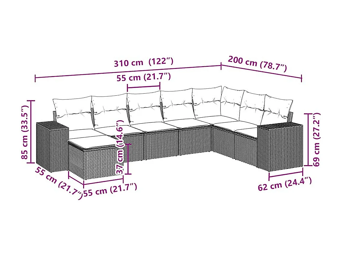8-delige Loungeset met kussens poly rattan lichtgrijs