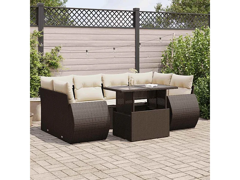 Salon de jardin avec coussins 7 pièces marron résine tressée