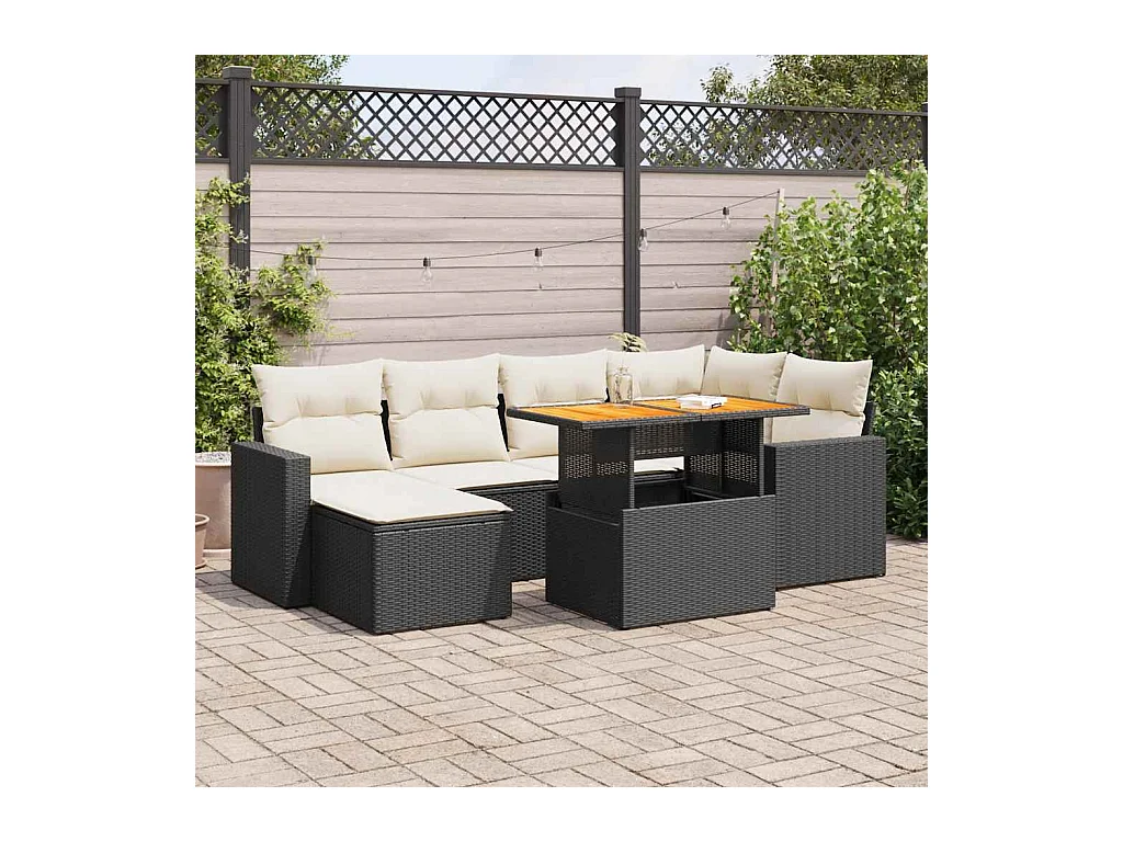 Salon de jardin 7 pièces avec coussins noir résine tressée
