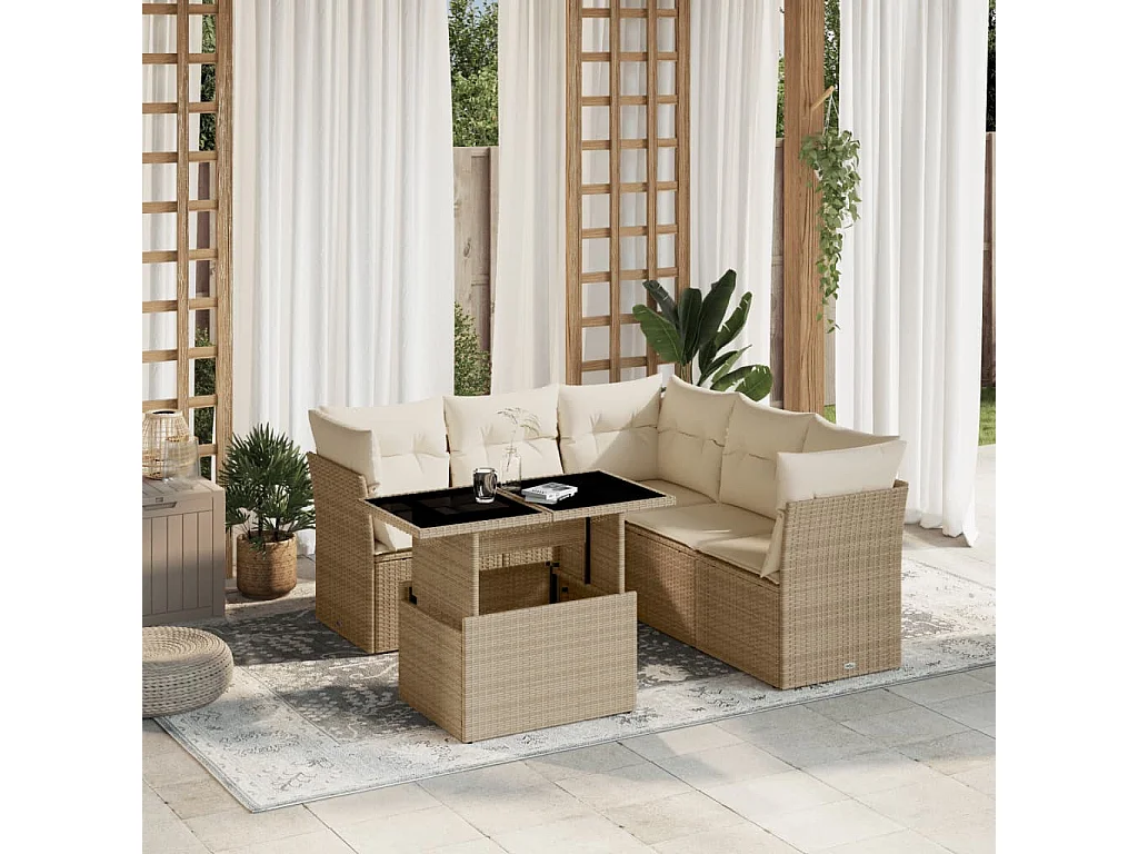 Salon de jardin avec coussins 6 pièces beige résine tressée