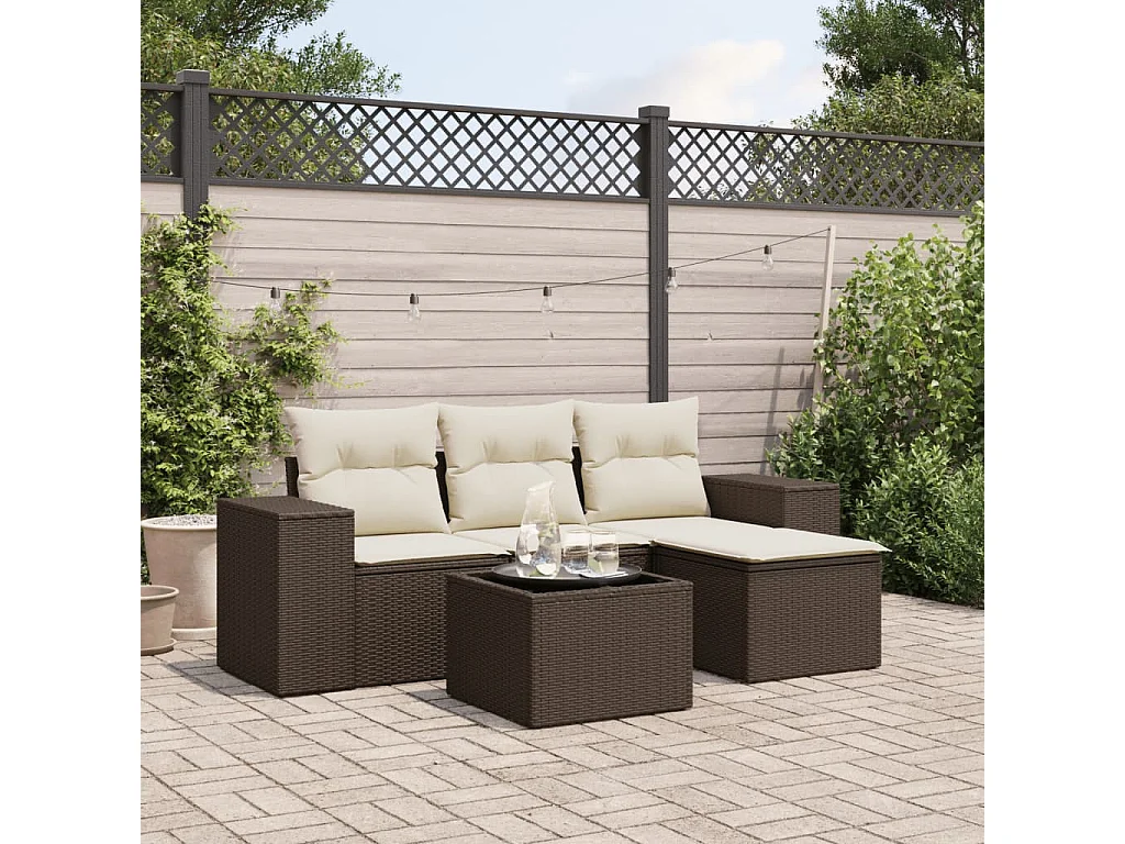 5-delige Loungeset met kussens poly rattan bruin
