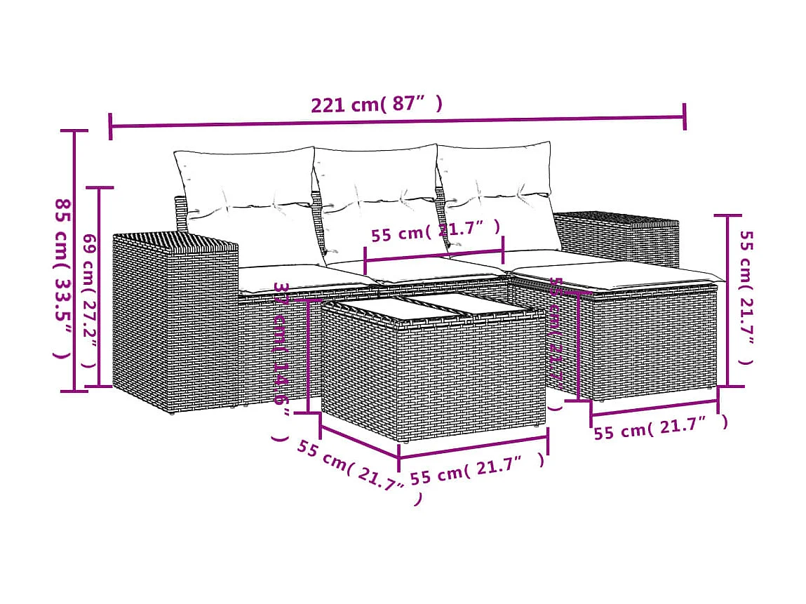 5-delige Loungeset met kussens poly rattan bruin