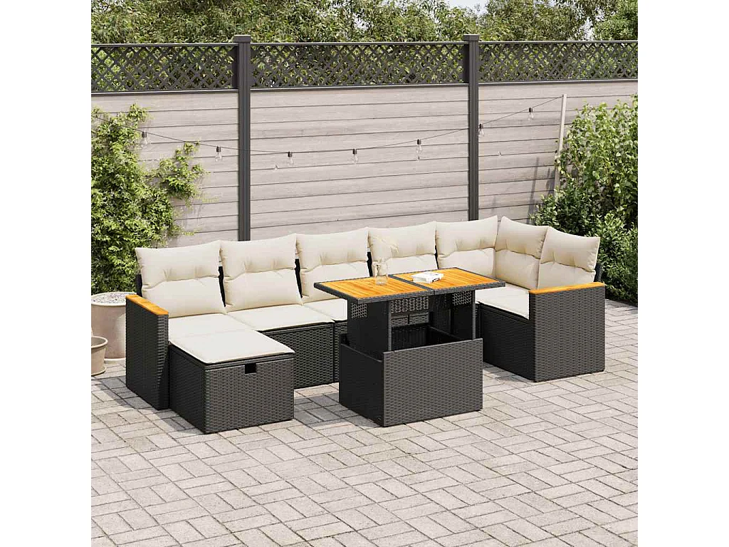Set de muebles de jardín 5 piezas y cojines ratán sintético negro