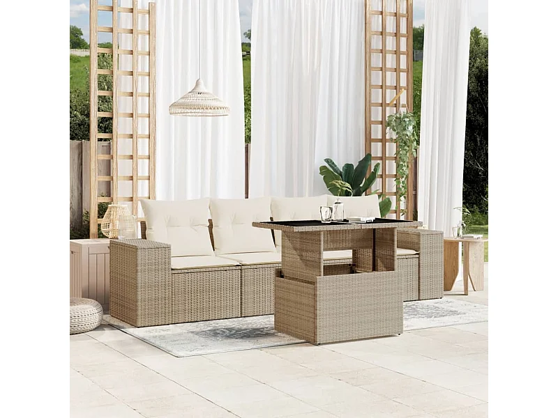 Salon de jardin avec coussins 5 pièces beige résine tressée