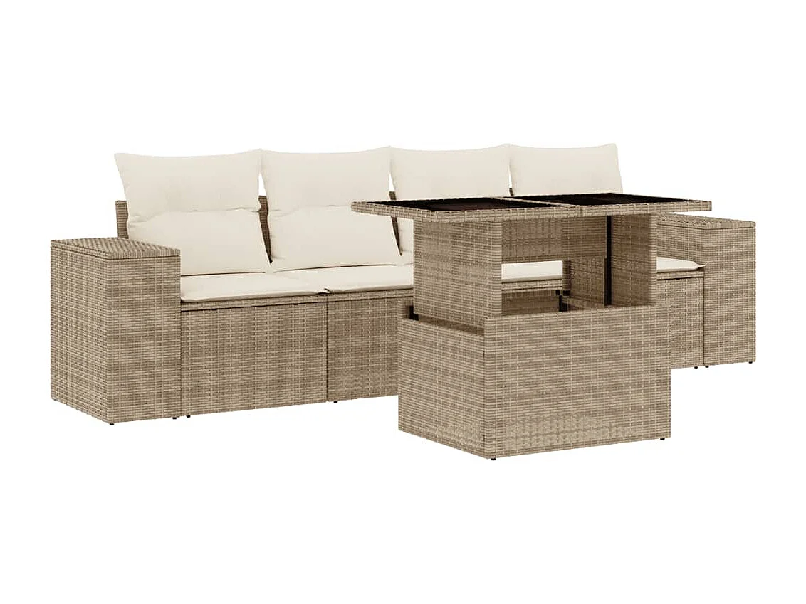 Salon de jardin avec coussins 5 pièces beige résine tressée