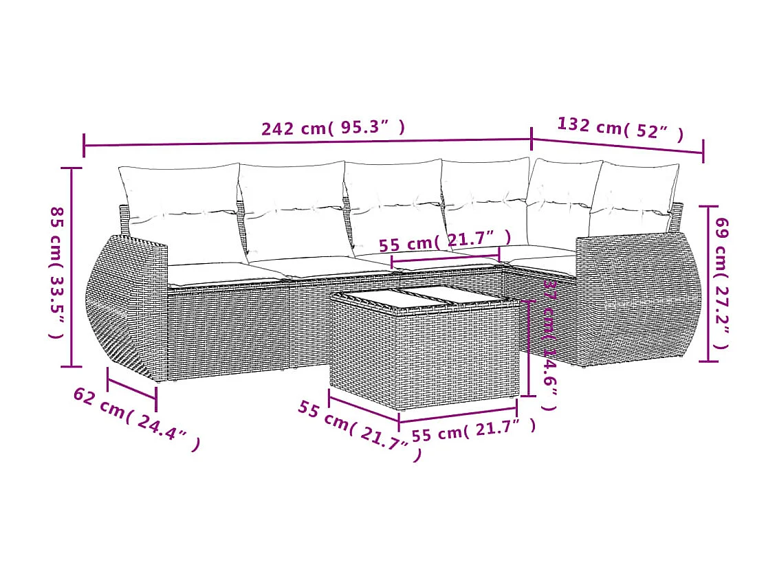 6-delige Loungeset met kussens poly rattan lichtgrijs