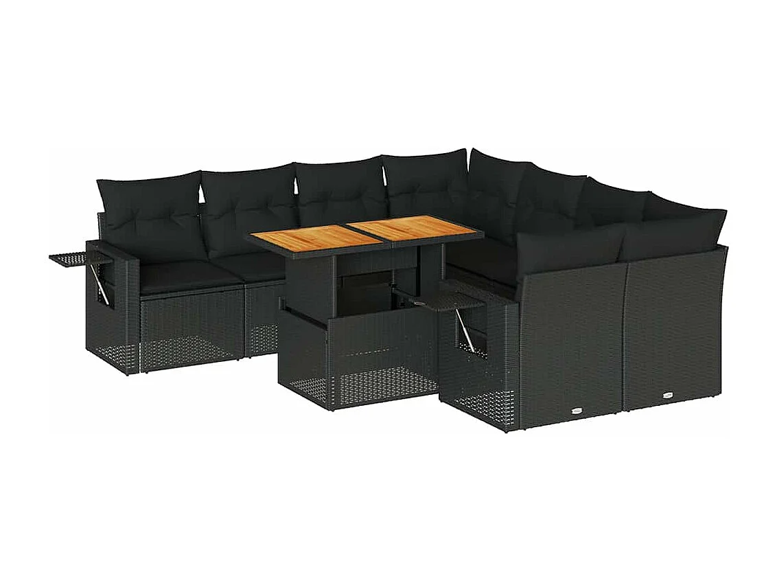 9-delige Loungeset met kussens poly rattan zwart