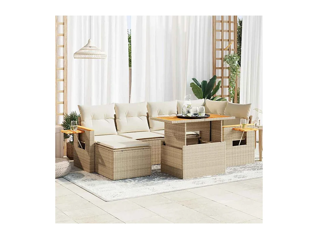 7-delige Loungeset met kussens poly rattan acacia beige