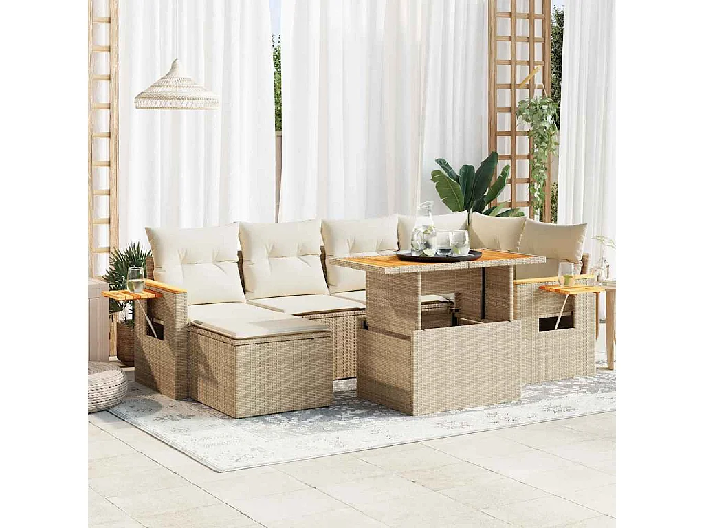 Salon de jardin avec coussins 7 pièces beige résine tressée acacia