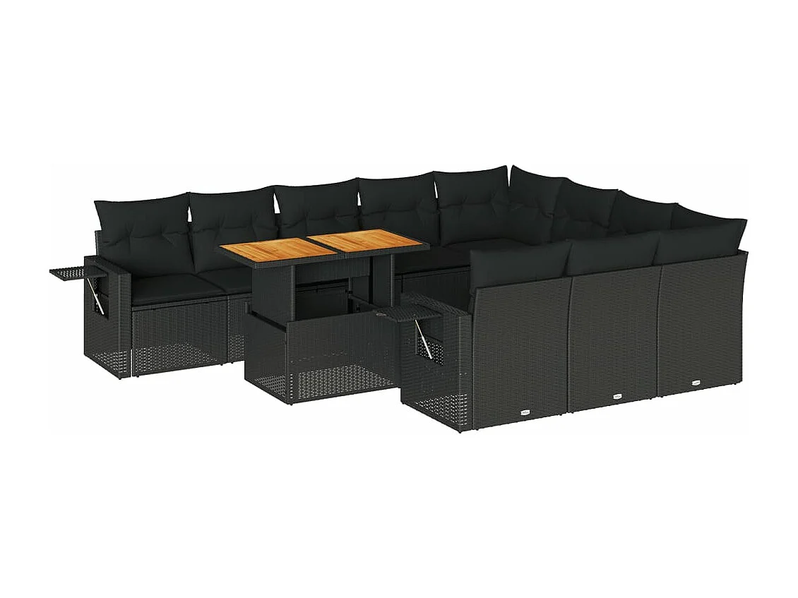 Set de sofás de jardín 11 piezas y cojines ratán sintético negro