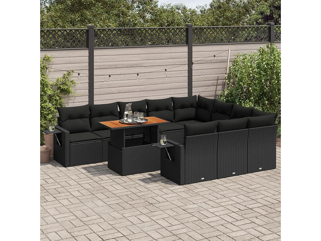 Set de sofás de jardín 11 piezas y cojines ratán sintético negro
