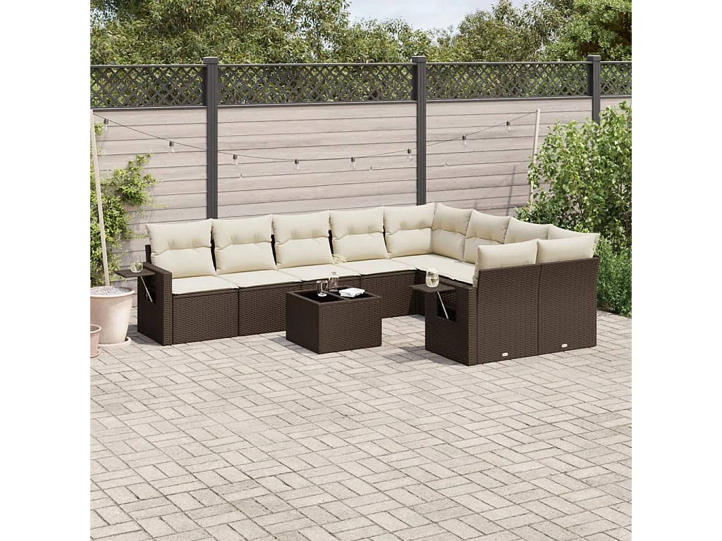 10-delige Loungeset met kussens poly rattan bruin