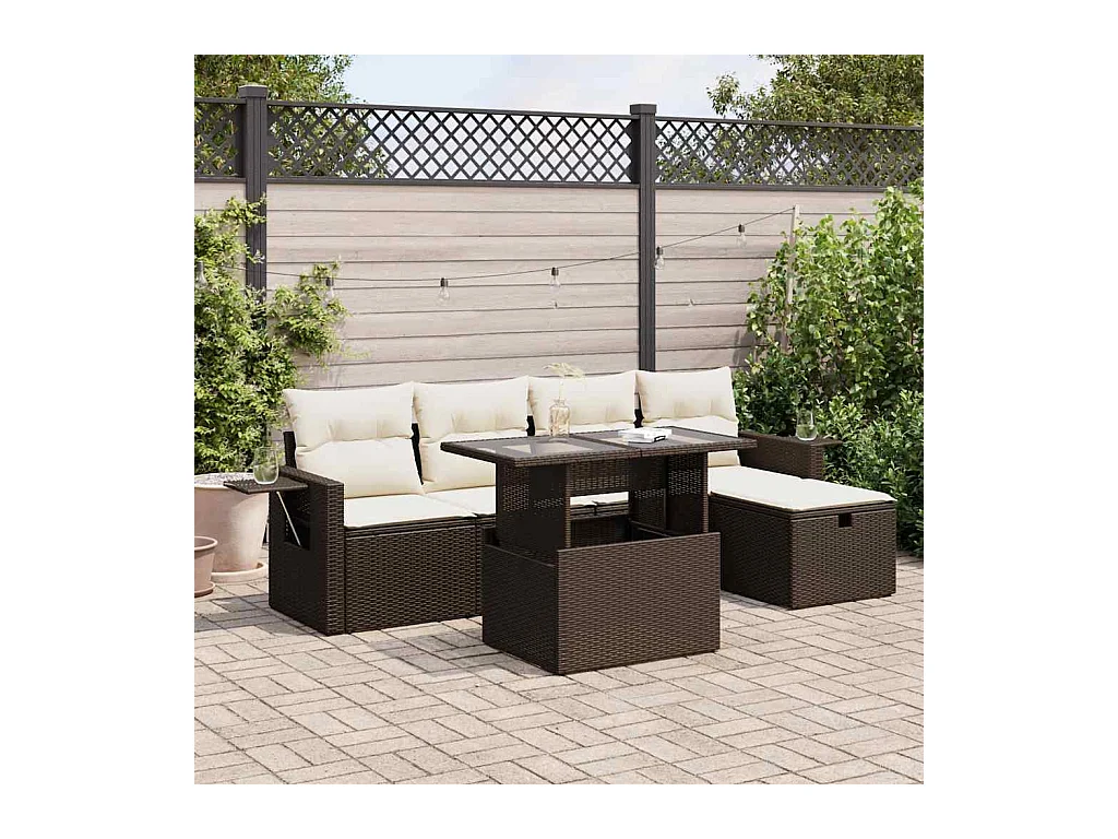 Salon de jardin avec coussins 6 pièces marron résine tressée