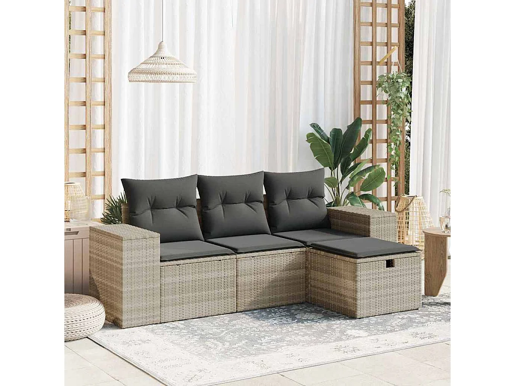 Set de sofás de jardín 4 piezas y cojines ratán sintético gris