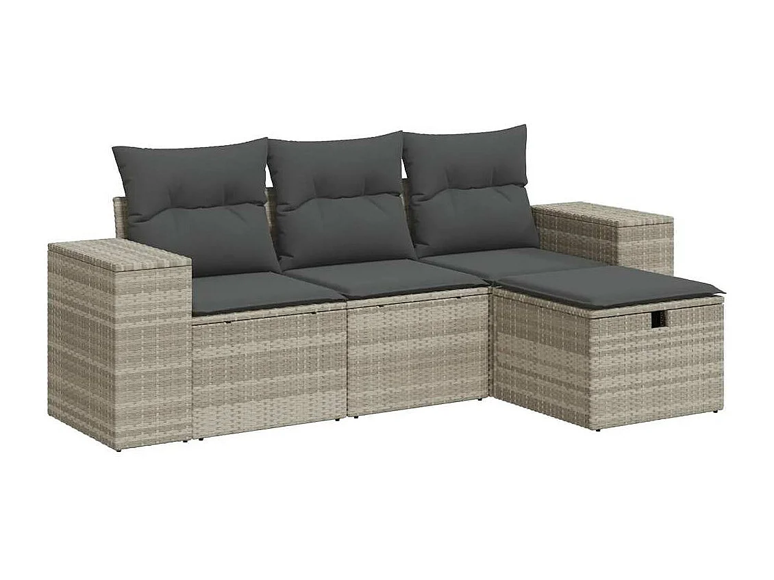 Set de sofás de jardín 4 piezas y cojines ratán sintético gris