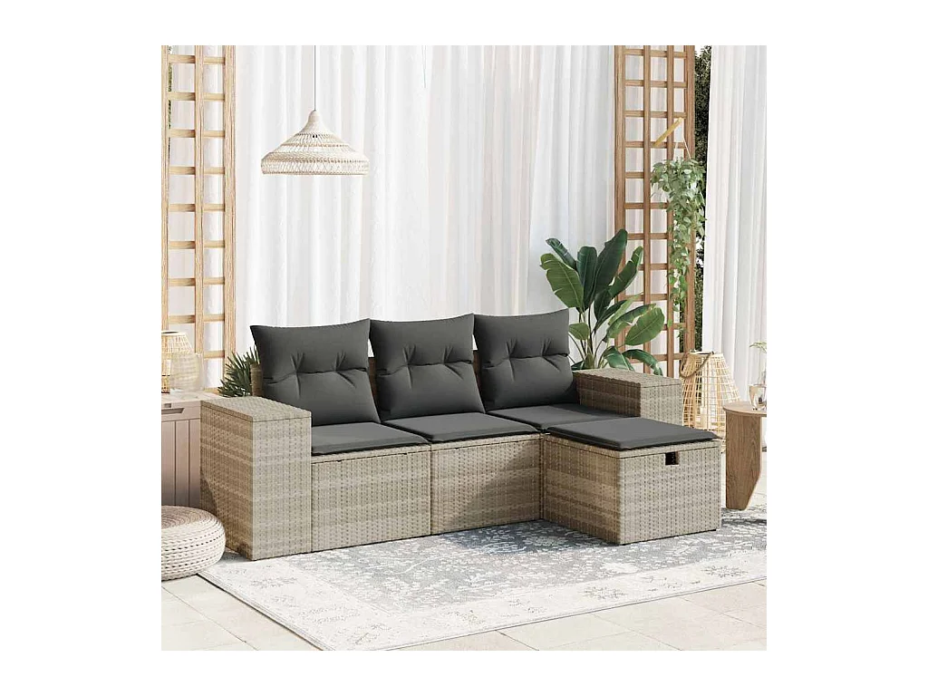 Salon de jardin 4 pièces avec coussins gris clair résine tressée