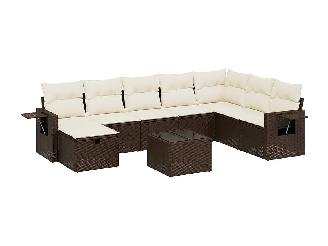 Set de sofás de jardín 9 piezas y cojines ratán sintético marrón