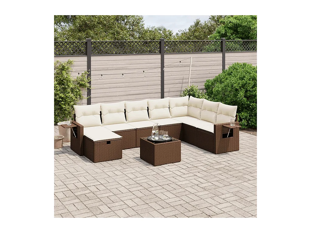 9-delige Loungeset met kussens poly rattan bruin