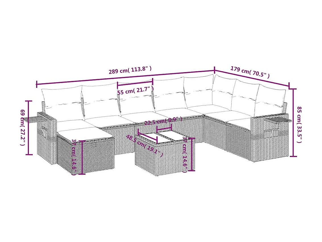 Salon de jardin avec coussins 9 pièces marron résine tressée