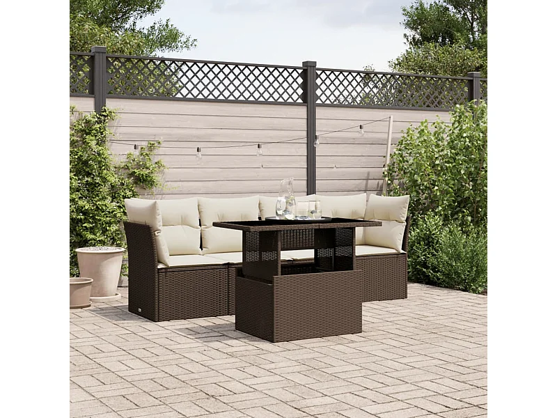 Salon de jardin avec coussins 5 pièces marron résine tressée