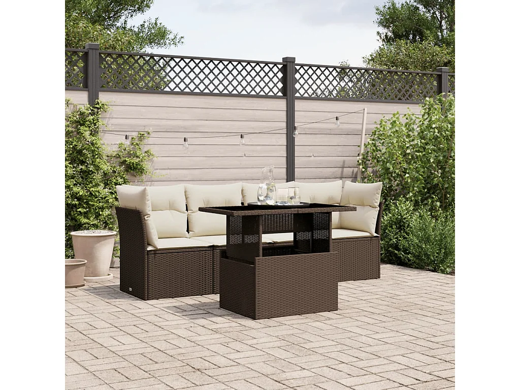 Salon de jardin avec coussins 5 pièces marron résine tressée
