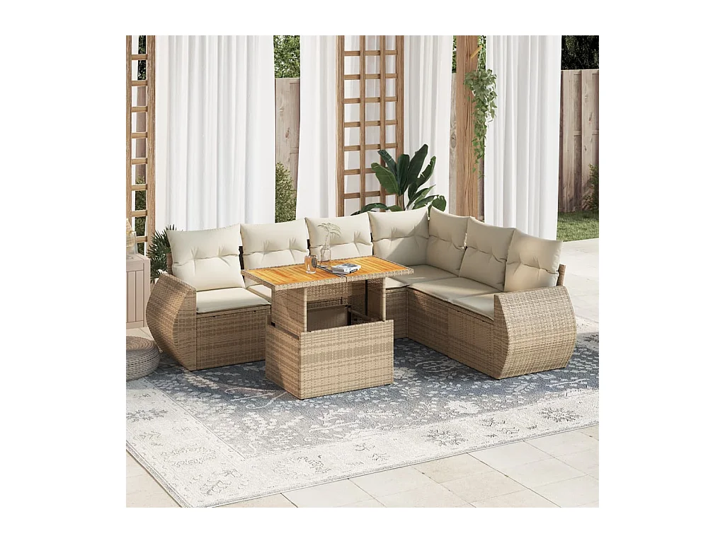 7-delige Loungeset met kussens poly rattan beige