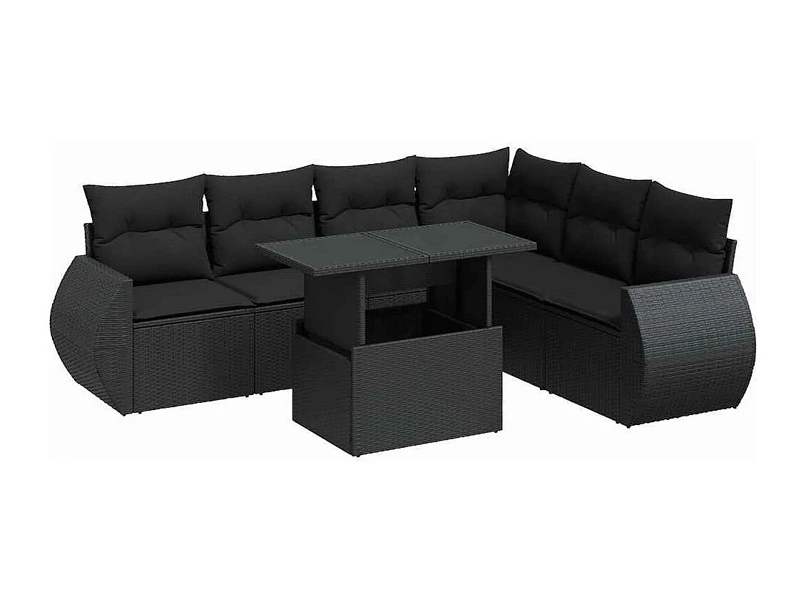 7-delige Loungeset met kussens poly rattan zwart
