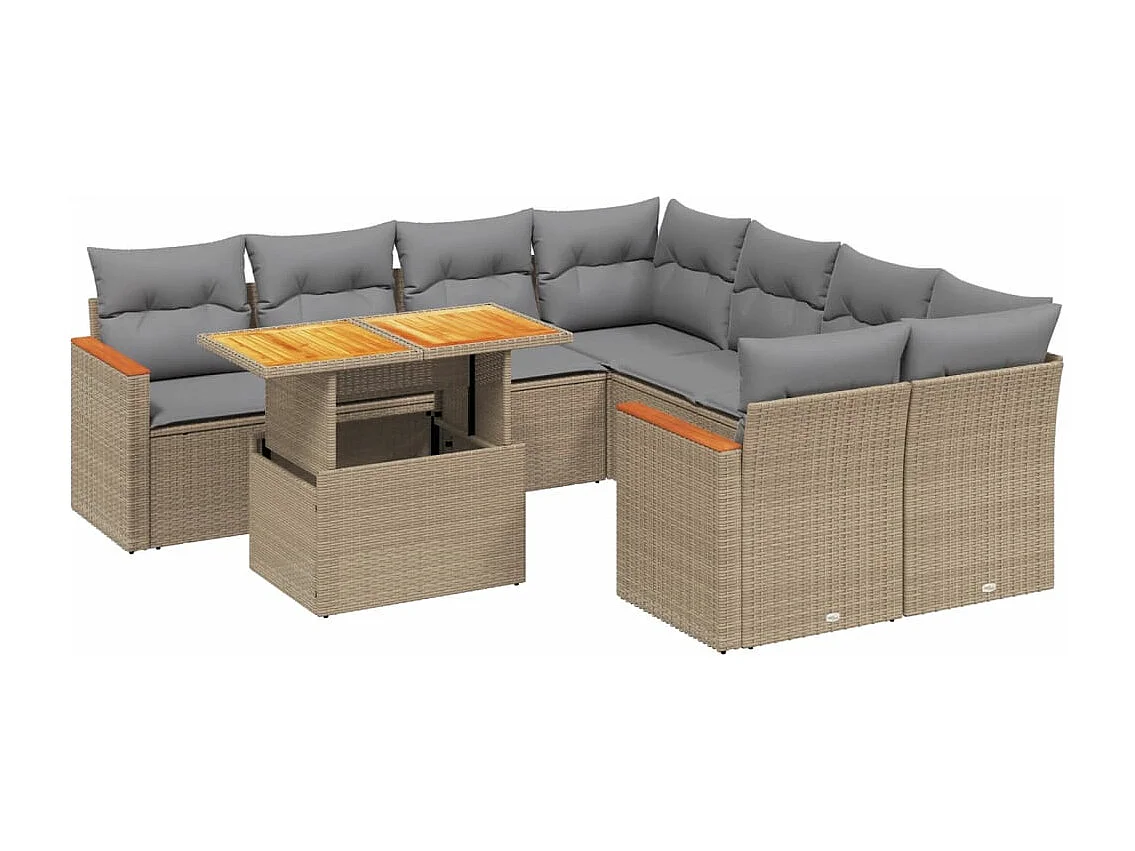 9-delige Loungeset met kussens poly rattan beige