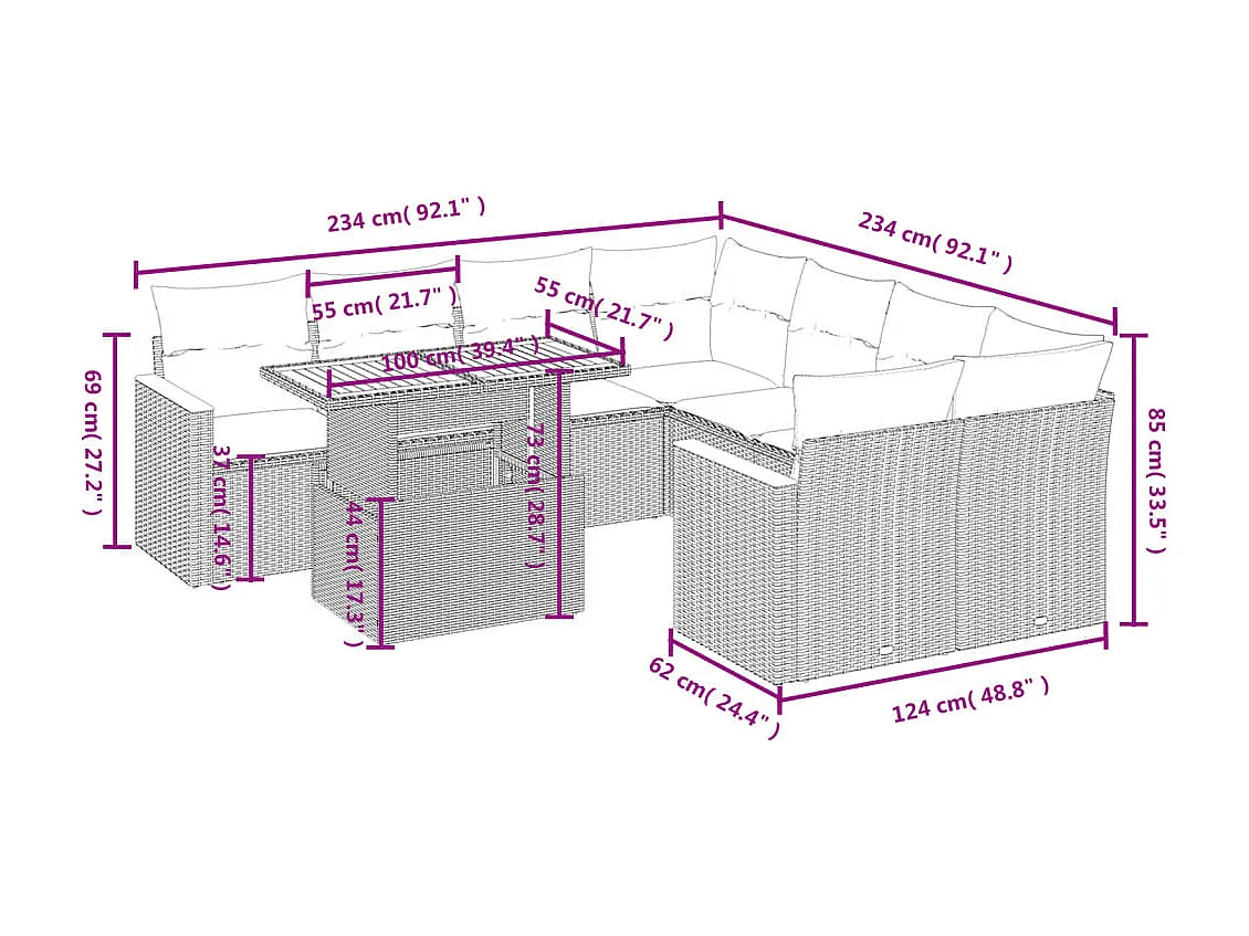 9-delige Loungeset met kussens poly rattan beige
