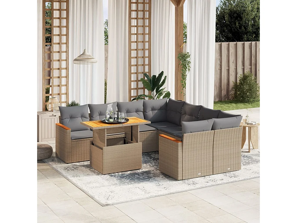 9 peças conjunto de sofás para jardim com almofadões vime PE bege