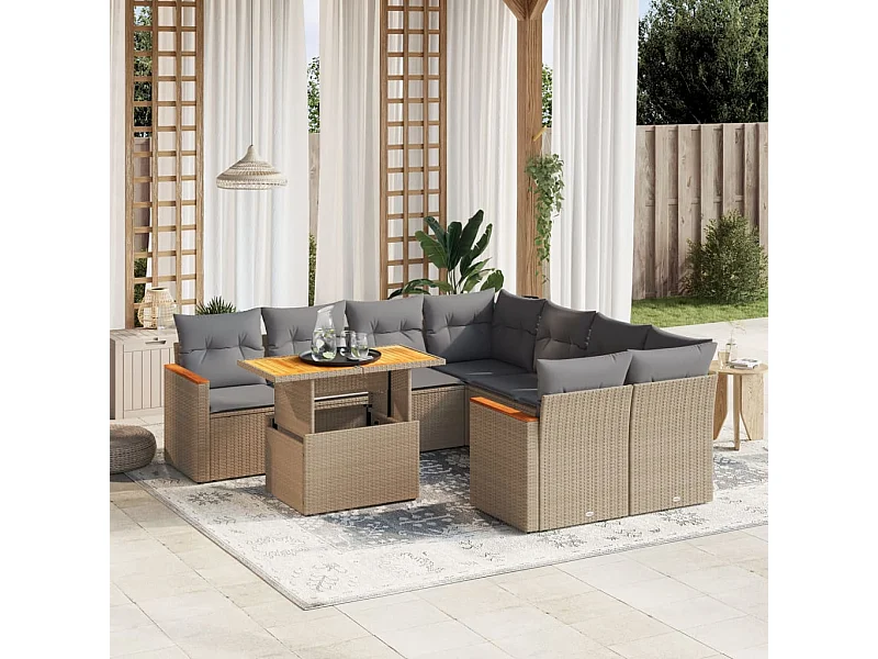 9 peças conjunto de sofás para jardim com almofadões vime PE bege