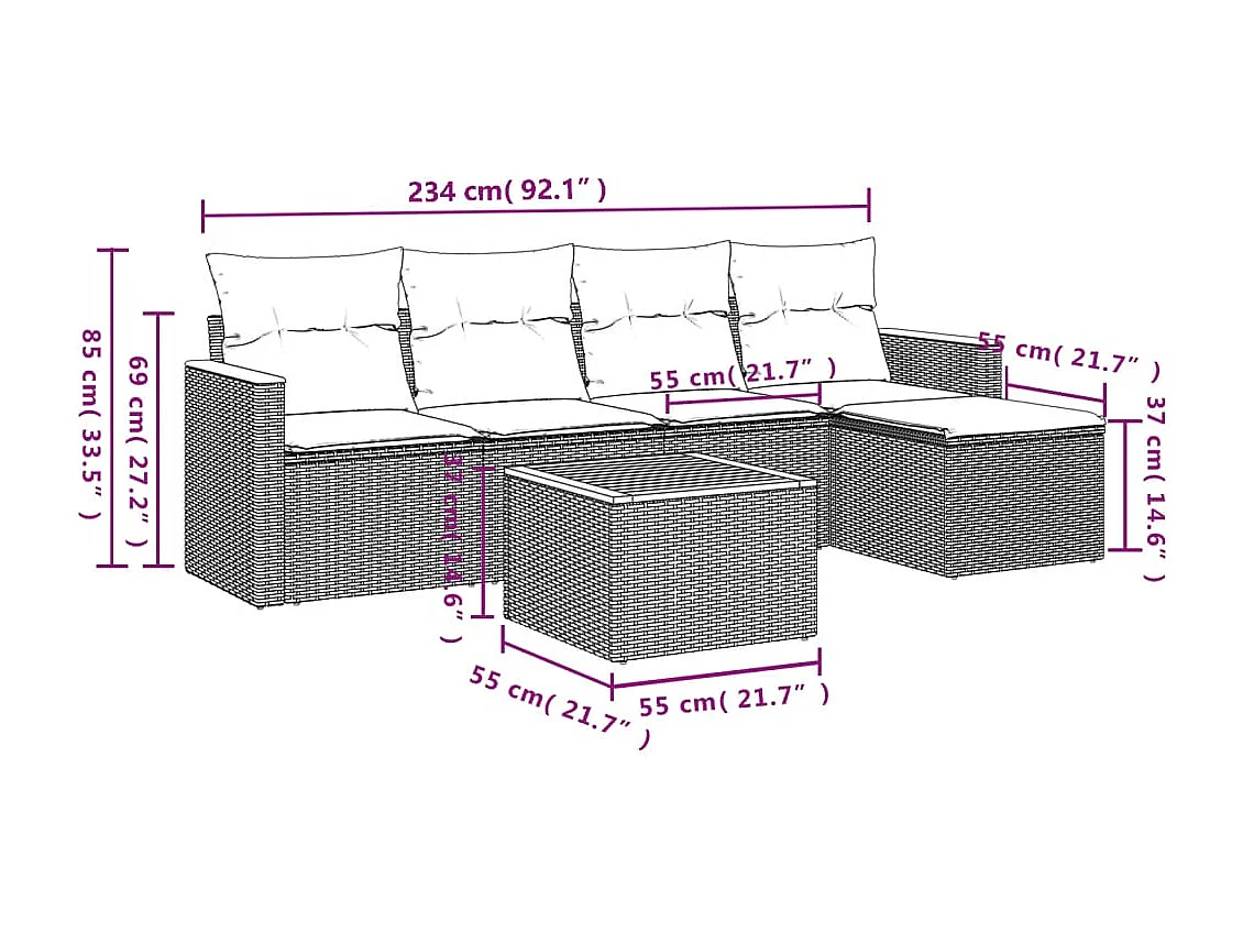 6-delige Loungeset met kussens poly rattan grijs