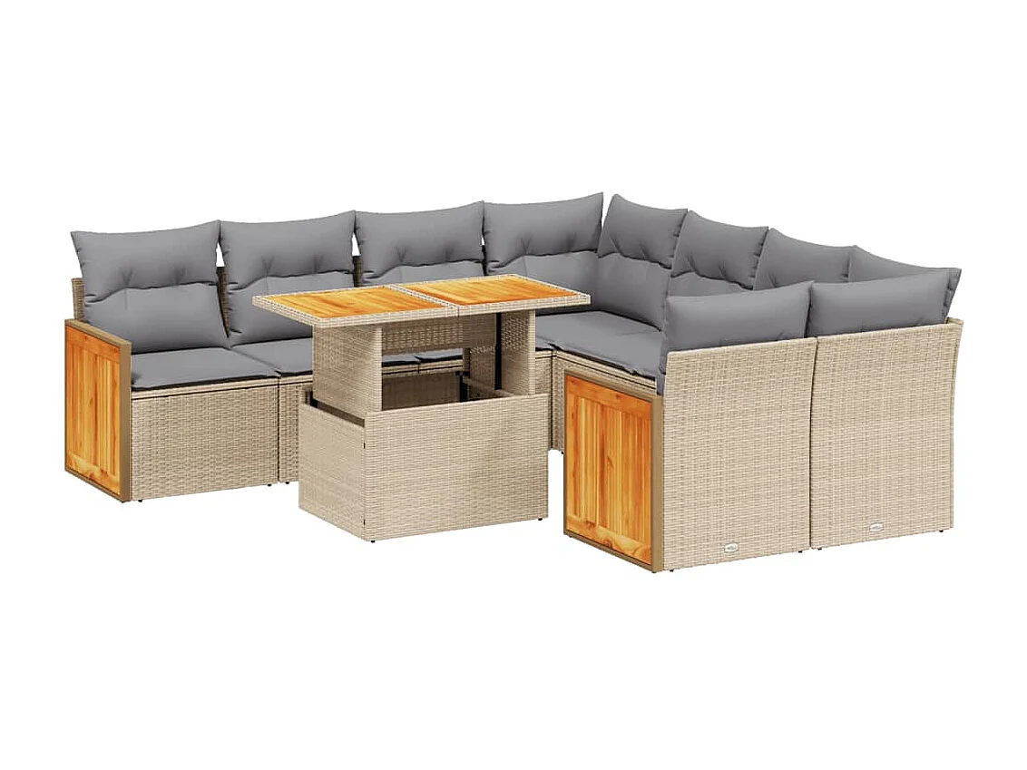 Set de sofás de jardín 9 piezas con cojines ratán sintético beige