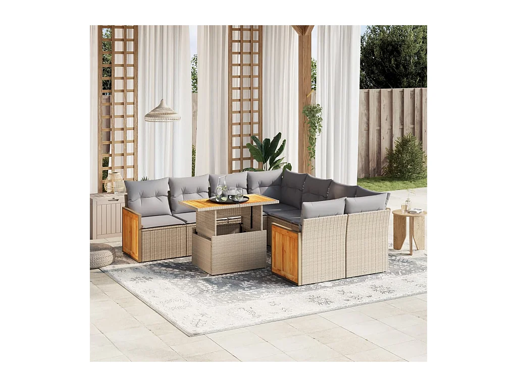 Salon de jardin avec coussins 9 pièces beige résine tressée