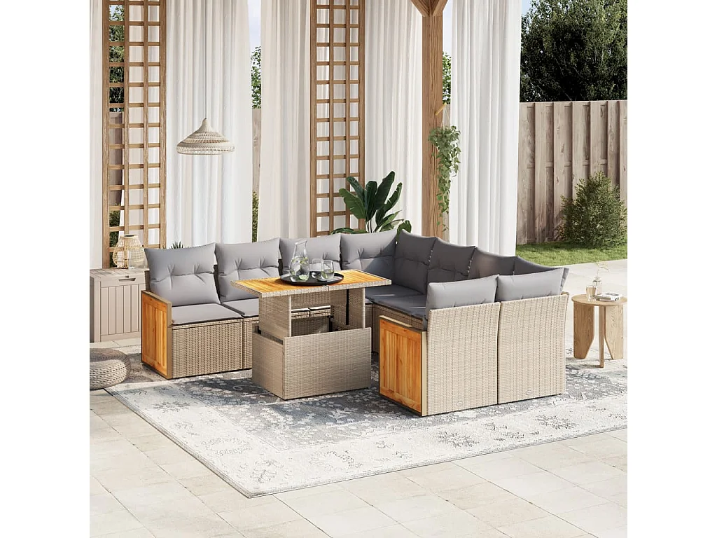 Salon de jardin avec coussins 9 pièces beige résine tressée