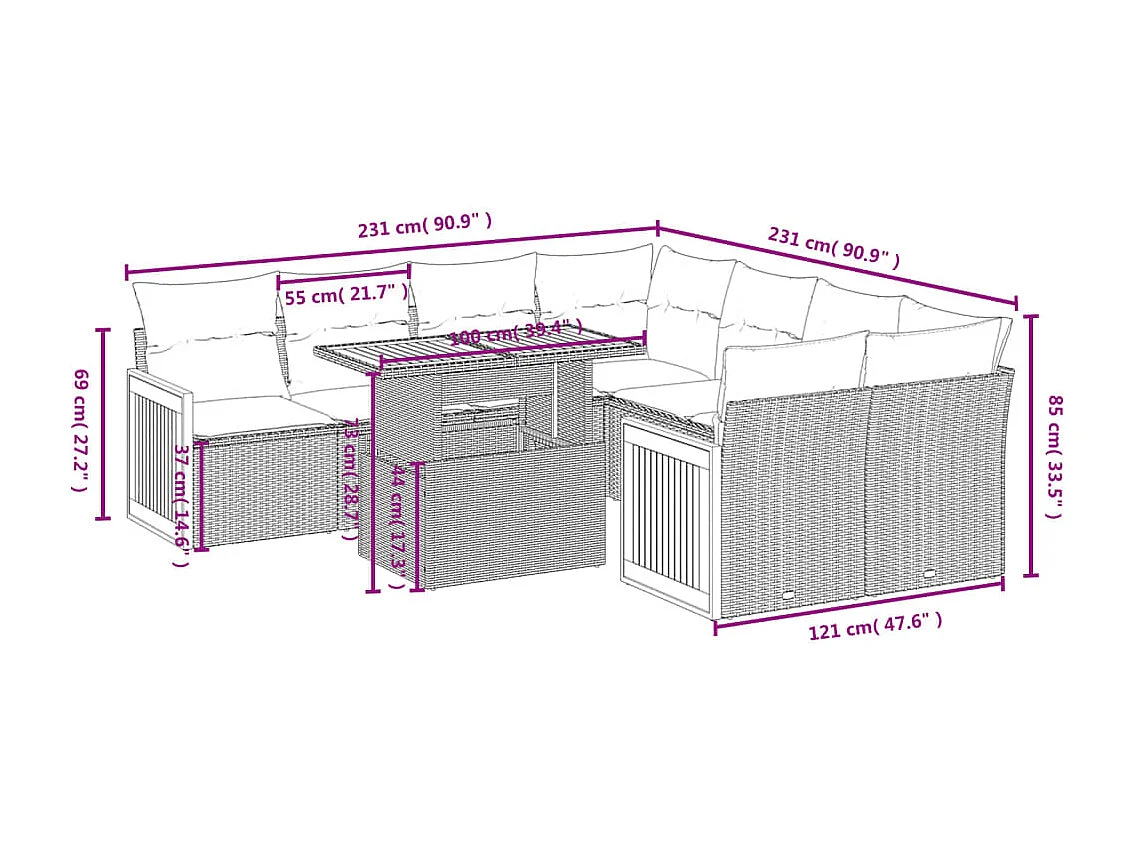 Salon de jardin avec coussins 9 pièces beige résine tressée