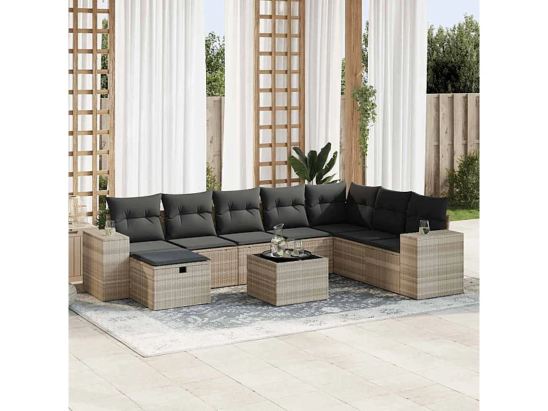 9-delige Loungeset met kussens poly rattan lichtgrijs