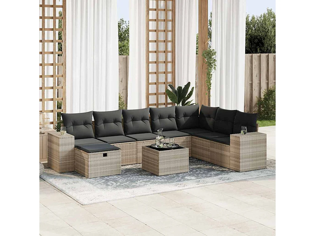 Salon de jardin 9 pièces avec coussins gris clair résine tressée