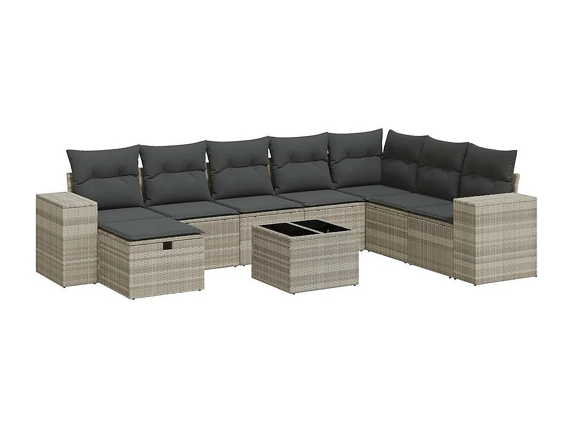 Salon de jardin 9 pièces avec coussins gris clair résine tressée