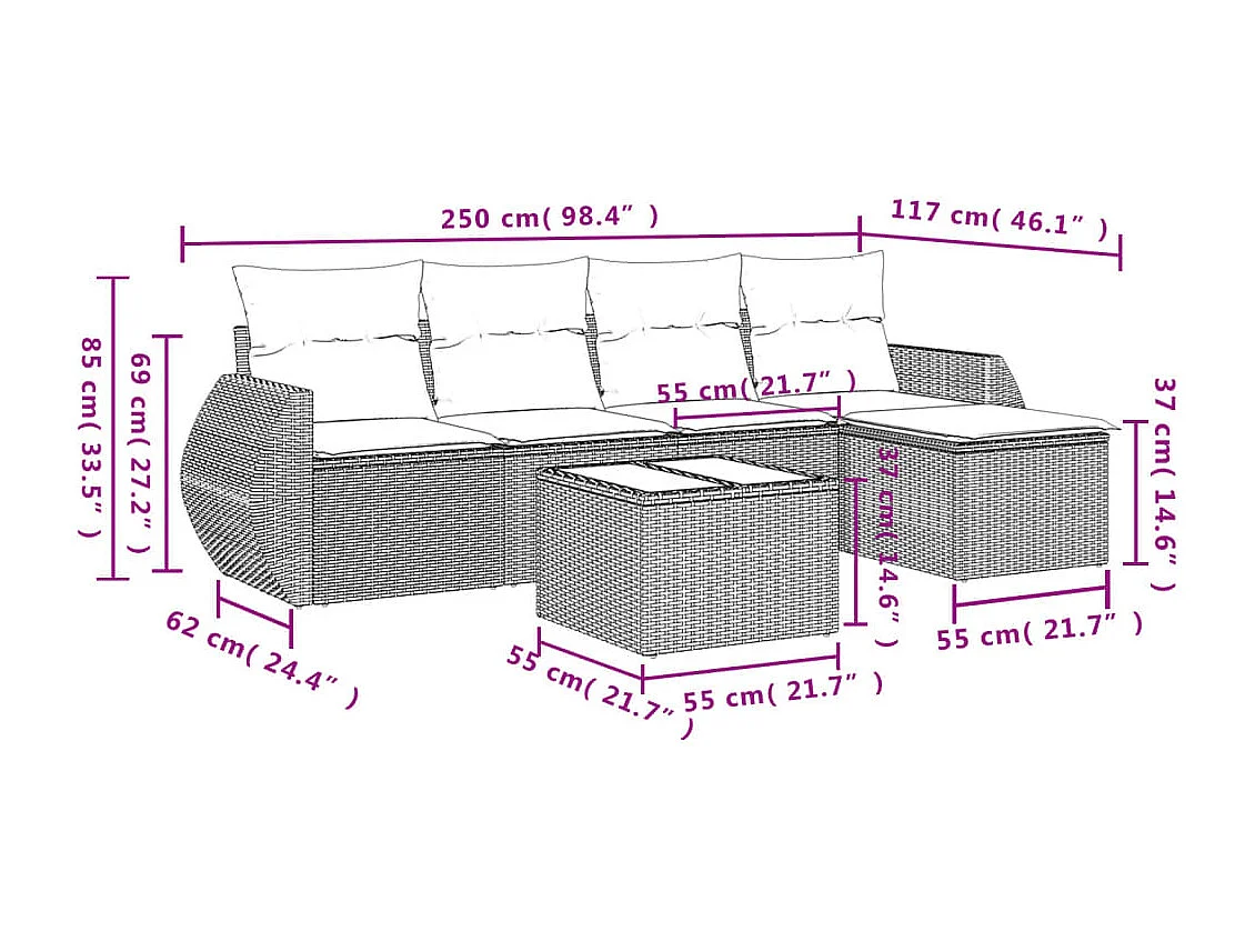 Set sofás de jardín 6 piezas y cojines ratán sintético marrón