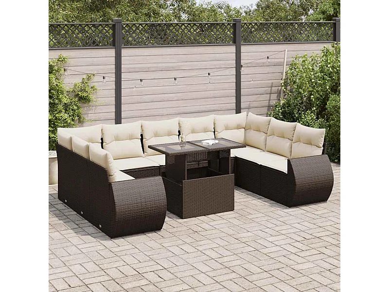 10-delige Loungeset met kussens poly rattan bruin