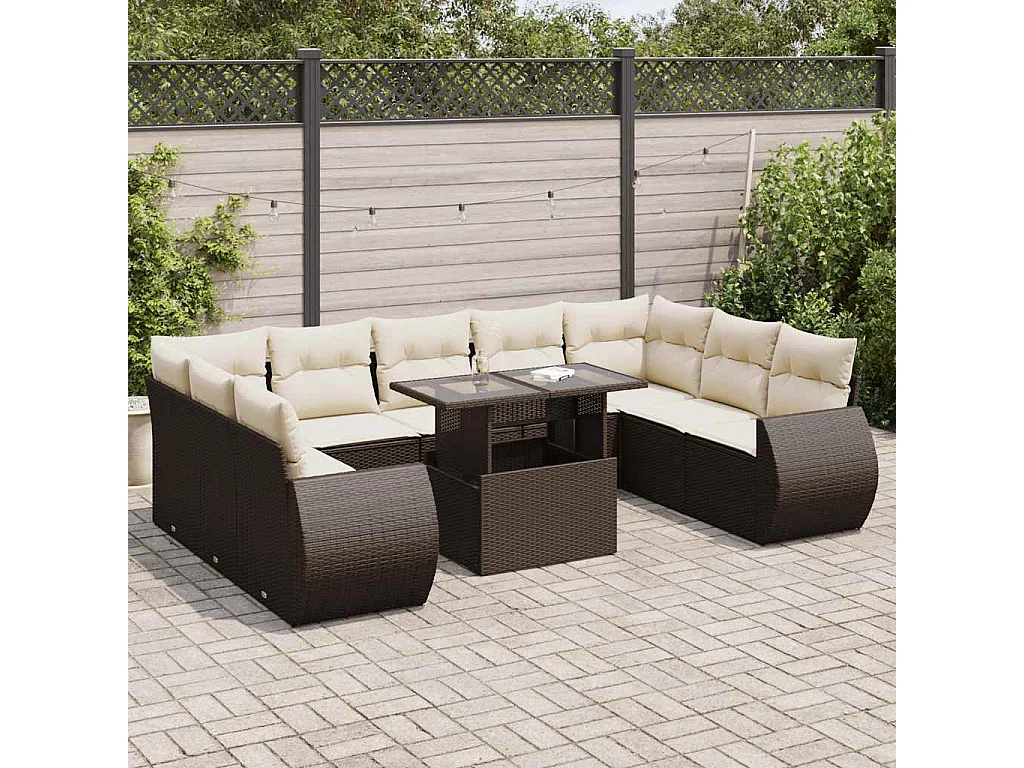 10-delige Loungeset met kussens poly rattan bruin