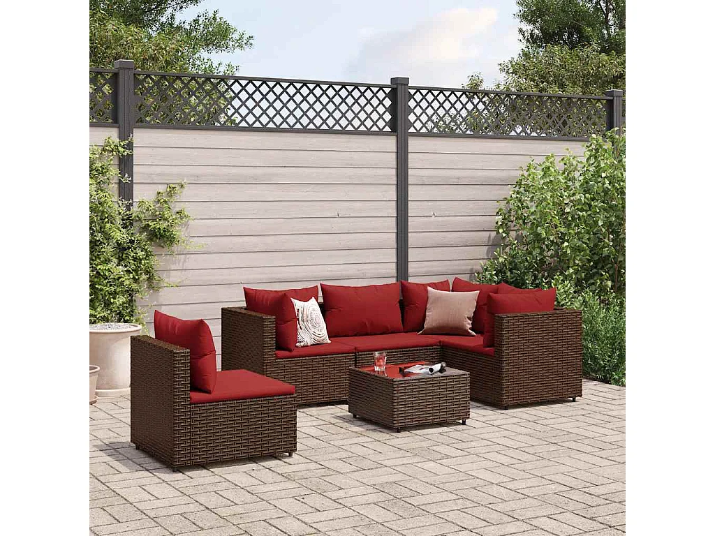 6-delige Loungeset met kussens poly rattan bruin